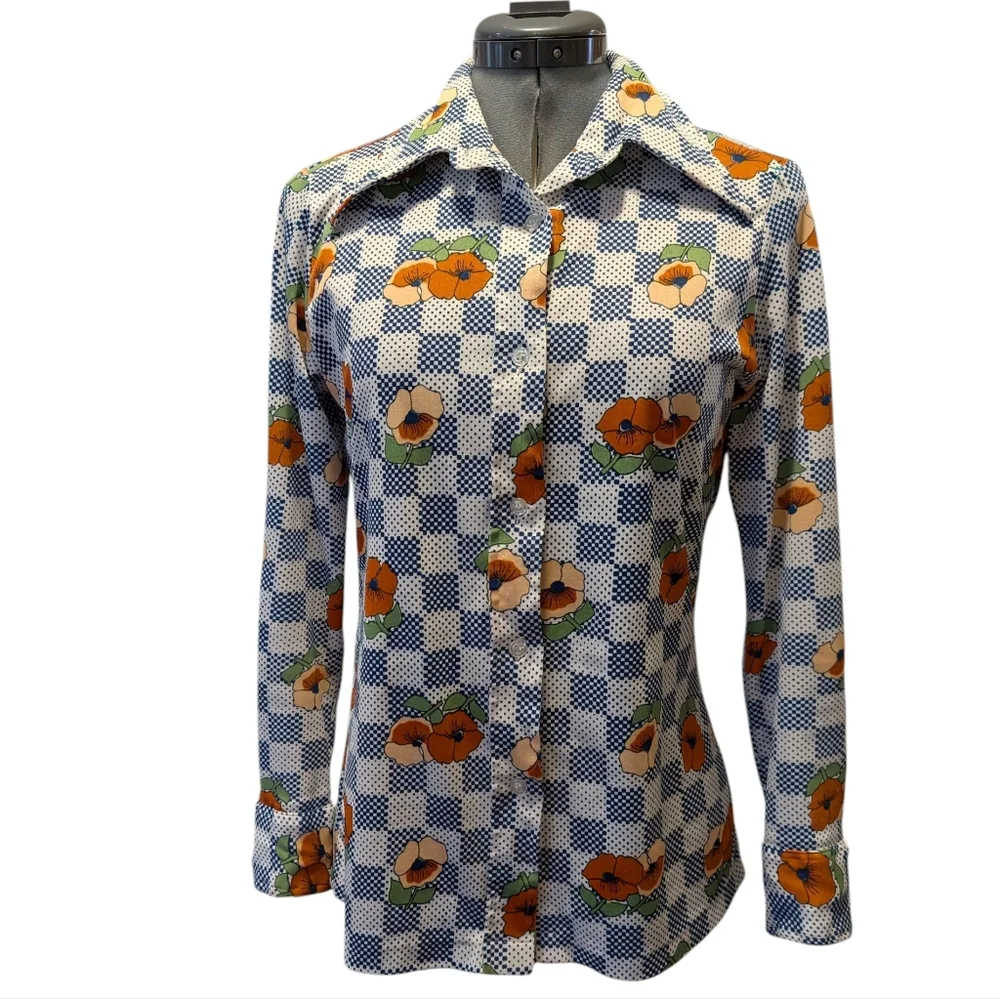 70s Mod Pointy Collar Women Shirt Groovy Green Blue‎ Orange Psychedelic Graphic - Picture 4 of 9
